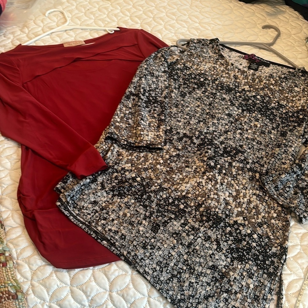 Peck & Peck Cold Shoulder Shimmer and Front of Closet Peek-a-Boo Neck Tops Med